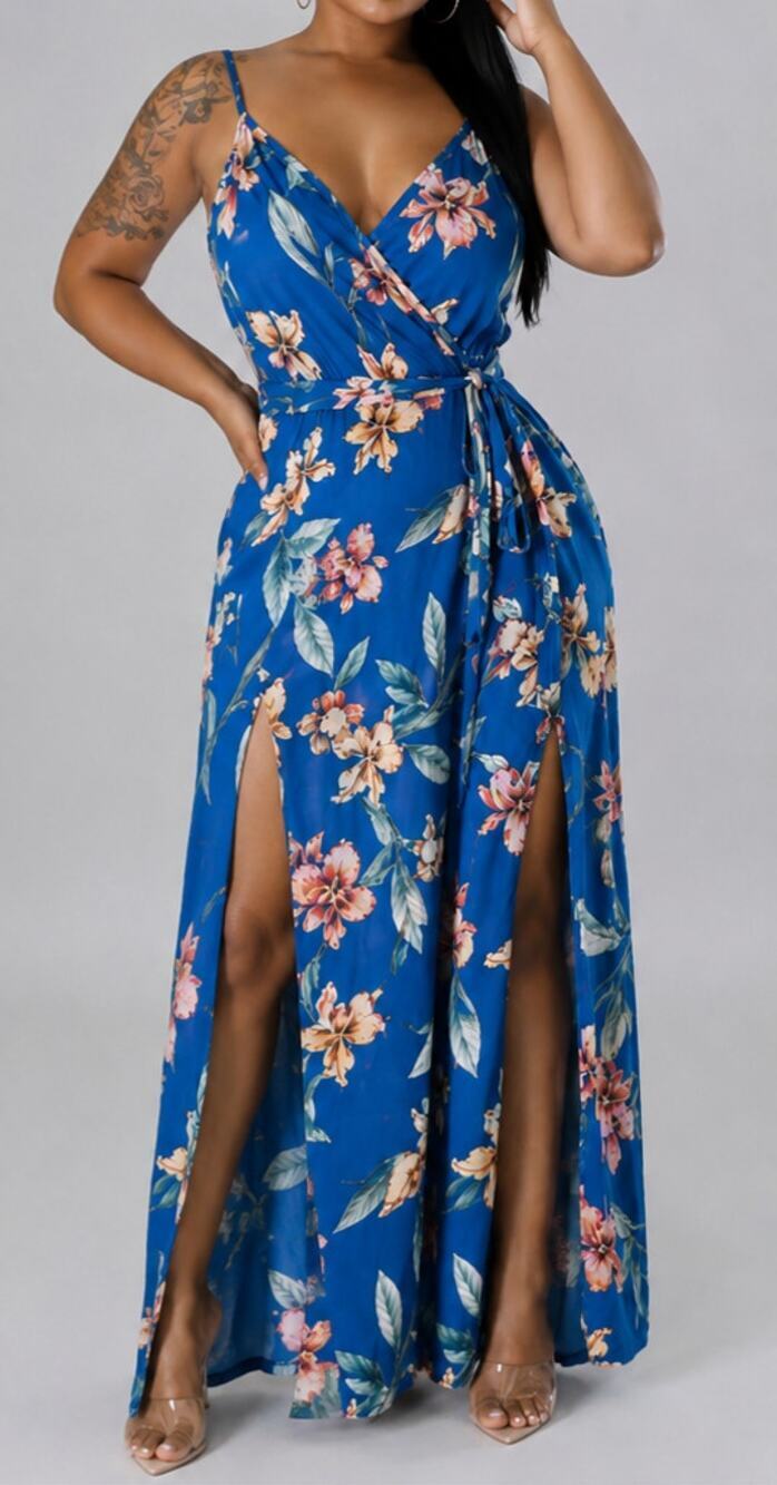 Haute Monde 1X Blue Floral Wide Leg Jumpsuit Double Slit Plus Size